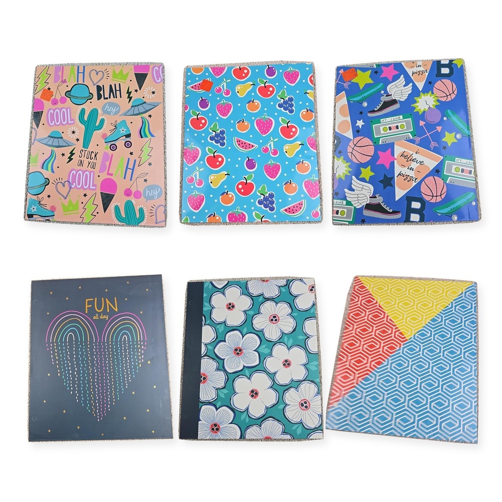 Top Flight Pocket Folders Lot of 6 Fruit Floral Pizza Geometric 3-Hole New